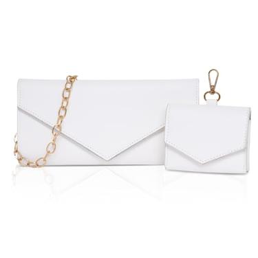 Imagem de Larcenciel Conjunto de bolsa de mão envelope de 2 peças com alça de corrente e carteira, bolsa feminina de couro transversal de ombro para festa noturna, Branco, Small