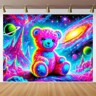 Imagem de BlissYard Tapeçaria de urso de pelúcia galáctico com luz negra UV 198 x 139 cm cor de arte neon fundo luz neon quarto sala de estar decoração de festa psicodélico brinquedo de pelúcia espaço estrela