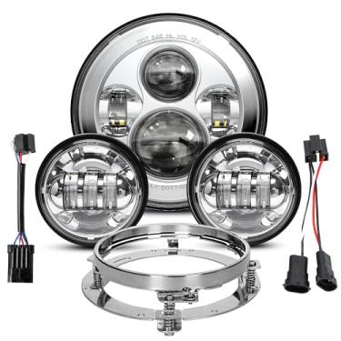 Imagem de Farol de LED cromado de 17,78 cm + 11,4 cm combinando lâmpadas de passagem + anel adaptador compatível com Touring Road King Ultra Classic Electra Street Glide Tri Cvo Heritage Softail Slim Deluxe Fatboy