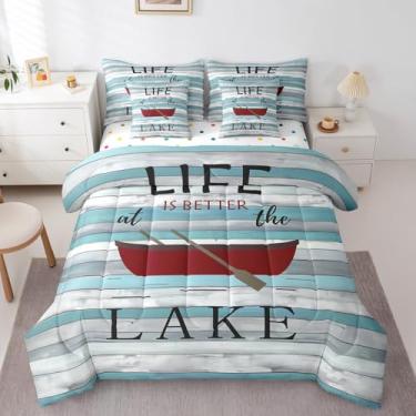 Imagem de Erosebridal Conjunto de edredom Queen com 7 peças da Lake House, para crianças, meninas, amantes do lago, edredom rústico de plumas, tábua de madeira retrô, vermelho escuro, azul