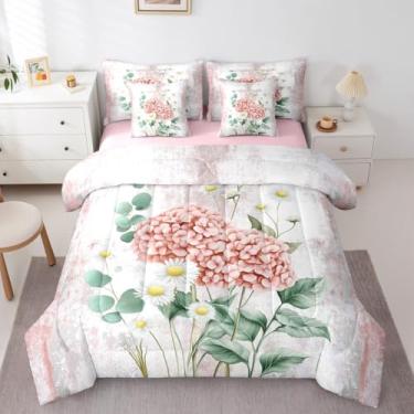 Imagem de Erosebridal Conjunto de cama casal com flores em aquarela com pintura a óleo abstrata, hortênsia, casa de fazenda, rústico, conjunto de edredom com lençol ombré laranja e branco