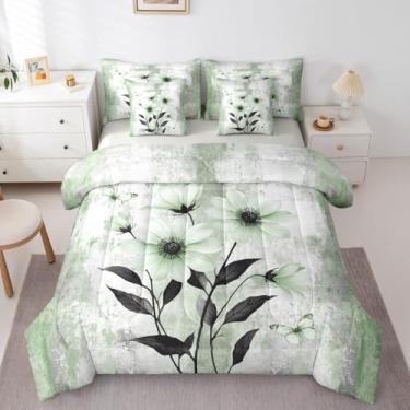 Imagem de Erosebridal Conjunto de cama casal com estampa de margarida e aquarela floral, 7 peças, pintura a óleo abstrata, rústico, casa de fazenda, conjunto de edredom com lençol com flores verdes e brancas