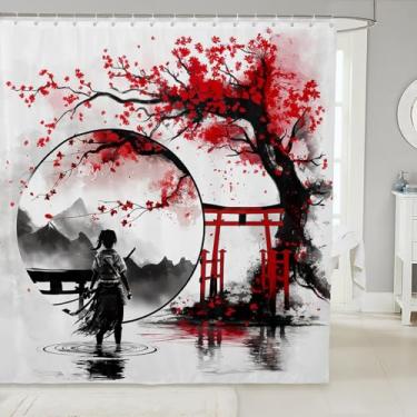 Imagem de Cortina de banho samurai japonês, cortina de chuveiro com árvores florais vermelhas aquarela, para crianças, meninos, pintura de tinta tradicional, à prova d'água, com ganchos para barracas, 182 cm L