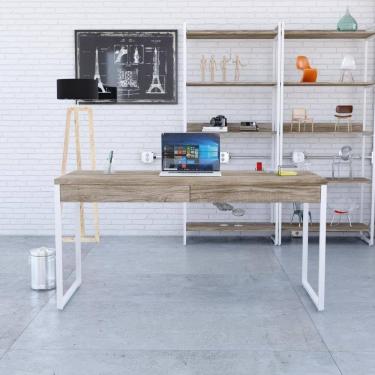 Imagem de Mesa Diretor 150x60x75cm Com 2 Gavetas Kuadra Carvalho Estrutura Branca