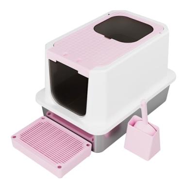 Imagem de RIZZARI Caixa de areia para gatos fechada: caixa de aço inoxidável rosa para gatos sem odor - Design de entrada superior - Bandeja de areia à prova de vazamento de alta capacidade para gatos