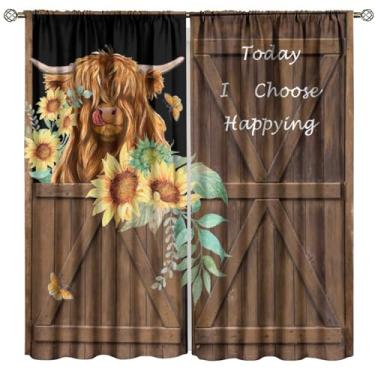 Imagem de Cortinas de vaca de girassol para casa de fazenda, portas de madeira, rústicas, retrô, vintage, animais de fazenda, gado, cortinas de janela para quarto, sala de estar, decoração de cozinha, 106,7 cm