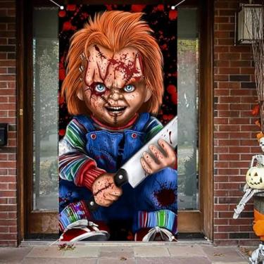 Imagem de Banner de terror, capa de porta de Halloween, 3 x 5,9 m, faixa de porta de personagem de filme clássico de terror grande suprimentos de fundo de aniversário de terror para decorações de crianças