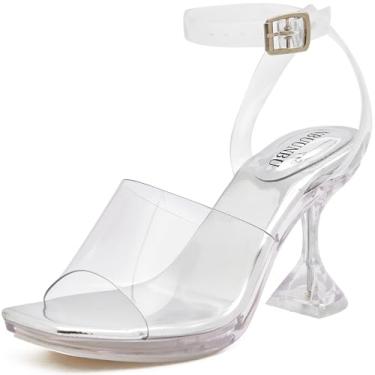 Imagem de NBUUNBU Salto feminino transparente com tiras transparentes com fivela plataforma gatinho salto alto confortável Cinderela sapatos Stilletos bico quadrado sandálias mules bomba, Prata, 36