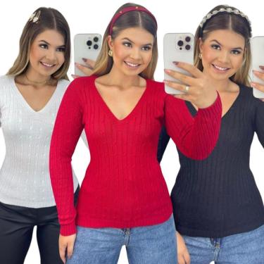 Imagem de Kit 3 Blusas Femininas Suéter Malha Tricô Manga Longa-Feminino