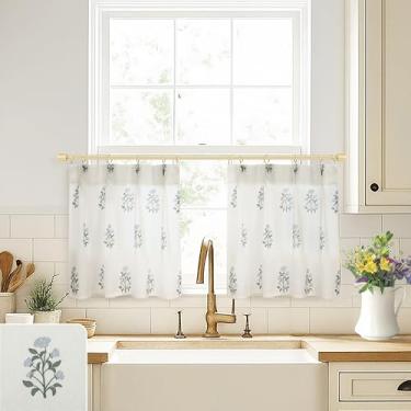 Imagem de Cortinas de café para cozinha, cortinas de janela pequenas plissadas de beliscar sobre a pia, linho de fazenda, azul e verde, floral, vintage, estampa em bloco, 50 cm de comprimento, conjuntos de meia