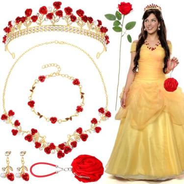 Imagem de Quelay Conjunto de 6 peças de joias rosa vermelha - Colar com pingente de flor, pulseira, brincos pendentes, tiara, bolsa de mão de flor pequena bolsa de noite, rosas vermelhas artificiais para