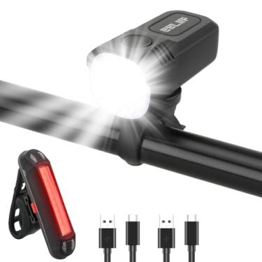 Imagem de Tommax Conjunto de luzes de bicicleta super brilhantes – Combo de farol e lanterna traseira de bicicleta recarregável por USB, 8 + 7 modos, à prova d'água IP65, suporte de liga de alumínio para