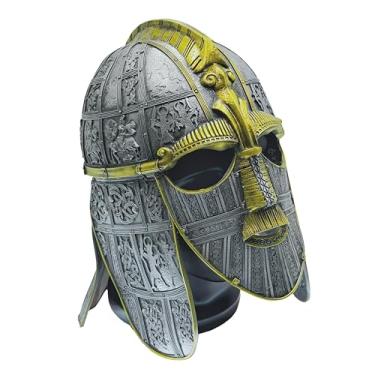 Imagem de MILERUN Capacete estilo viking anglo-saxão – capacete histórico de látex inspirado em Sutton Hoo, cosplay de guerreiro medieval, ajustável e leve para LARP, Ren Faire