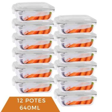 Imagem de Kit 12 Pote de Vidro Hermética 640ml Marmita Tampa 4 Travas - Casa Lin