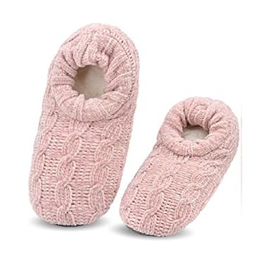 Imagem de Panda Bros Meias femininas com pegas, meias felpudas femininas com parte inferior antiderrapante, chinelos aconchegantes para casa, Rosa claro, 8-10