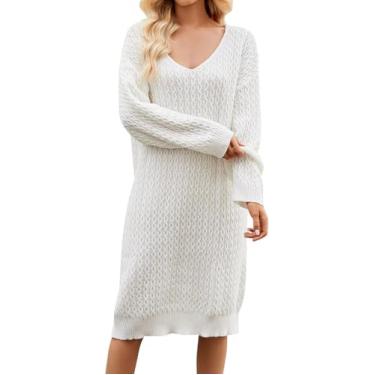 Imagem de Mulheres Vestido De Lã Manga Longa Decote Em V Outono Inverno Vestido Jumper Preto Branco Ajuste Largo Casual Midi Longo Vestido Pulôver Vestido De Inverno Para Mulheres, White, XL