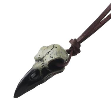 Imagem de GuoShuang Colar de caveira de corvo viking para homens e mulheres, pingente de caveira de corvo em cordão de couro ajustável, joia nórdica de cosplay gótico de Halloween, bolsa de presente incluída