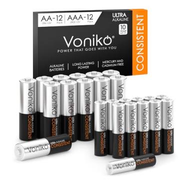 Imagem de Voniko Pilhas AA e AAA Pacote combo de 24 unidades, 12 pilhas A duplas e 12 pilhas Triplas A, pilha alcalina premium de 1,5 V, vida útil de 10 anos