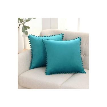 Imagem de Pacote de capas de almofada de veludo turquesa com pompons 45x45cm - L