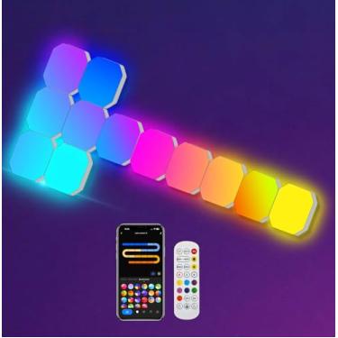 Imagem de Painel de luzes hexagonais de LED, 12 peças, luzes de parede para jogos IC RGB inteligentes, painéis faça-você-mesmo, funcionam com Alexa Google Assistant, sincronização de cubo quadrado com controle