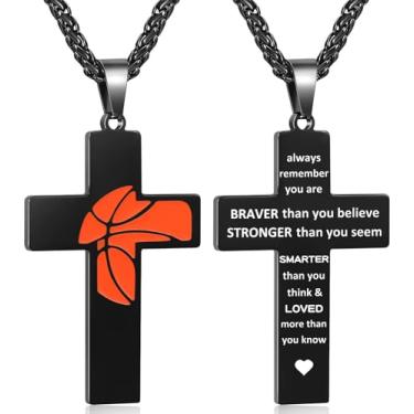 Imagem de Colar masculino com cruz de basquete, versículo bíblico, pingente de presente para aniversário, Natal, batismo, religioso, acessórios de basquete, presentes, Small, Aço inoxidável, Sem Pedra Preciosa