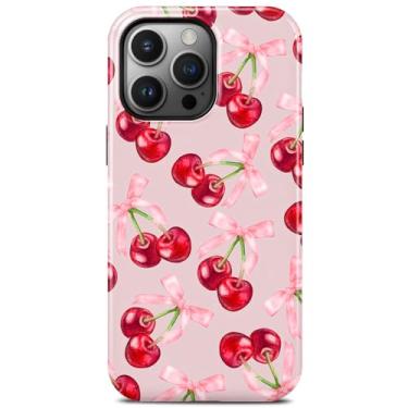 Imagem de TAMUEL Capa para iPhone 13 Pro, capa de telefone com laço fofo cereja rosa, compatível com Magsafe, fita vermelha moderna fruta magnética fina silicone à prova de choque capa protetora feminina menina