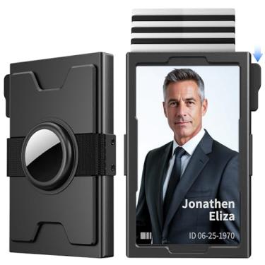 Imagem de Carteira masculina fina com porta-cartões minimalista com bloqueio de RFID, carteira pop-up de metal com faixa para dinheiro, Preto, ID + etiqueta de ar