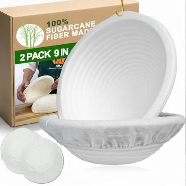 Imagem de Pacote com 2 cestas à prova de pão Banneton de 22 cm com 2 forros, suprimentos redondos para assar pão, cesta reutilizável de fermentação a frio de fibra de cana de açúcar, tigela de pão para