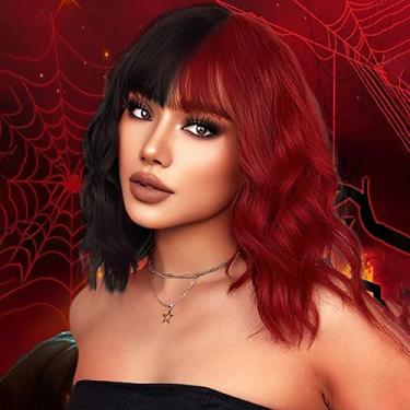 Imagem de MIMAN Peruca feminina ondulada ondulada de 35,5 cm, comprimento dos ombros, cacheada, com franja, 2 tons, tingida, sintética, metade preta, metade vermelha, cosplay, festa, Halloween, fantasias