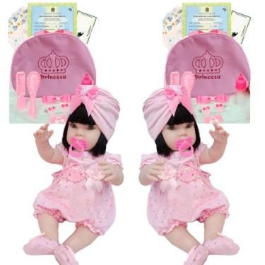 Imagem de 2 Bonecas Tipo Bebê Reborn Realista Bolsa + Enxoval Completo