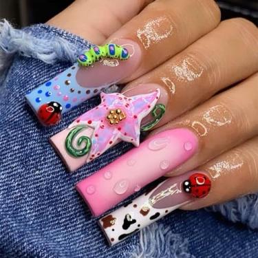 Imagem de Unhas postiças longas quadradas, unhas postiças francesas, unhas artificiais rosa com designs de insetos 3D, GG, prensas de unhas acrílicas com glitter, 24 peças
