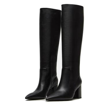Imagem de Wnshonzy Botas de cano alto femininas de couro preto, bico fino, zíper lateral, salto grosso, confortável, elegante, Preto, 36