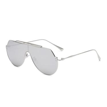 Imagem de HCPIHF Óculos de sol grandes com armação de liga masculina, lentes ovais para áreas externas (prata)