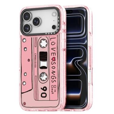 Imagem de Rosarnnah Capa fofa para iPhone 17 Pro - Capa de telefone durável à prova de choque de 2 metros de impacto de queda - Design engraçado de fita cassete (6,3 polegadas) Glitter Pink