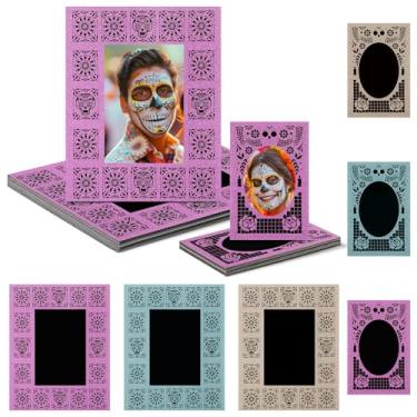 Imagem de Feifeiya 12 porta-retratos Dia dos Mortos Dia de Los Muertos Altar Ofrenda Decorações de papel Picado com glitter, porta-cartões, decoração para 10 x 15 cm e inserções de 6,3 x 9 cm