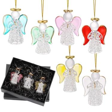 Imagem de CroBlissful 6 peças de estatuetas de anjo de cristal, enfeites de Natal, enfeites de anjo da guarda de vidro, decoração pendurada, presentes de igreja de Natal para mulheres e homens, bênção cristã