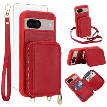 Imagem de Capa de celular para Google Pixel 8A 5G carteira celular com protetor de tela de vidro temperado alça transversal de pulso suporte de cordão com bloqueio de RFID compartimento para cartão de crédito