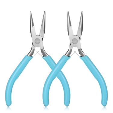 Imagem de Qulkws Conjunto de mini alicate de ponta de agulha, 2 peças de alicate de nariz de agulha para fazer joias, alicate de nariz de corrente azul para joias, pequeno alicate artesanal com mandíbula lisa e