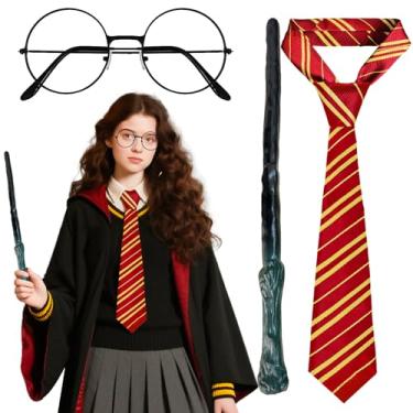Imagem de 3 Pcs Wizard Costume Set,Nerd Circle Glasses,Red Yellow Striped Tie,Witch Magic Wand Cosplay Accessories for Kids Adults Halloween Themed Party,Birthday,Dress Up