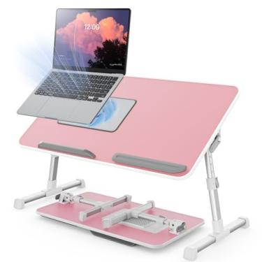 Imagem de aptop Mesa para cama com ventilador de resfriamento, suporte de laptop ajustável em altura e ângulo SAIJI para cama, mesa de mesa de colo para computador, portátil leve e dobrável