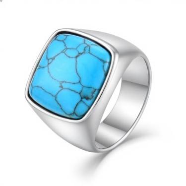 Imagem de Veshon Anel masculino com sinete quadrado olho de tigre de aço inoxidável com pedra natural para homens joia presente para ele, tamanho 7-12, Pedra, Turquesa