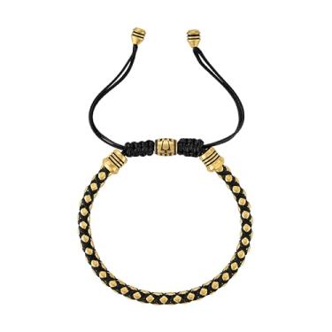 Imagem de Pulseira masculina Bulova de aço inoxidável polido dourado, elos de corrente de caixa arredondada, cordões pretos, logotipo de diapasão exclusivo: BVB1089-G6STBA