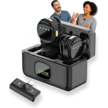 Imagem de Microfone de Lapela Sem Fio Tipo C Kit Duplo com Case de Carregamento | Compatível com iPhone 15/16 Android USB-C e Notebooks | IA Antirruído | TikTok, Podcast, Gravações, Vídeo Aulas Online (Preto)