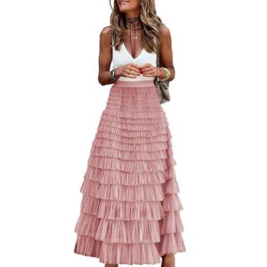 Imagem de Saia SUNYUESTAR de tule longo para mulheres, cintura alta, evasê, rosa