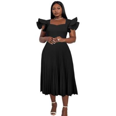 Imagem de Vestido feminino AOMEI preto de gola quadrada com babados e manga midi