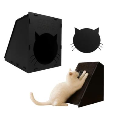 Imagem de BOXFAN Casinha de Gato Arranhador Rampa Toca Nicho Casa para Gatos Carpete Mdf Preto Brinquedo Diversão Antiestresse Estimulante Playground Interativo Diversão para Gatos