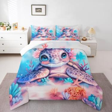 Imagem de Erosebridal Conjunto de edredom infantil de tartaruga fofa, tamanho queen, vida oceânica, tartaruga, para quarto de meninas, meninos, mulheres e homens, edredom subaquático de animais marinhos