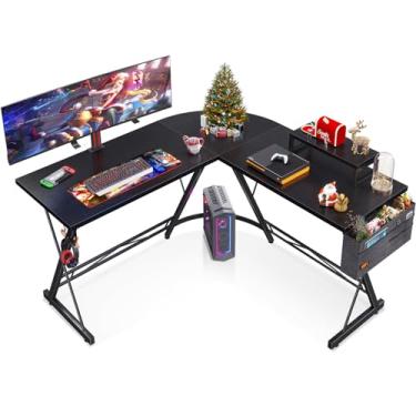 Imagem de Mesa para jogos em forma de L, mesa de escritório em casa com canto redondo, mesa de computador com suporte grande para monitor e estação de trabalho