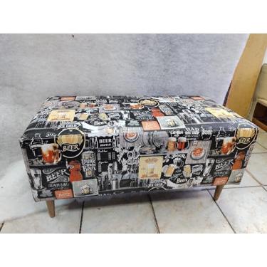 Imagem de Puff Decorativo Estampa Cerveja, 90x45x45 cm, Estrutura em Madeira e MDF, Corino Estampado, Pés Palito Imbuia