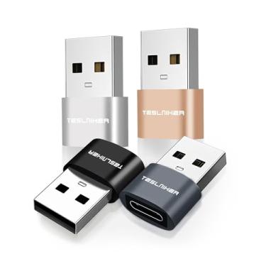 Imagem de Teslniher Adaptador USB para USB C, pacote com 4, adaptador USB C fêmea para USB macho, conversor de cabo carregador tipo C para USB A compatível com iPhone 16 15 14, iPad Pro Air Mini, S24 S23